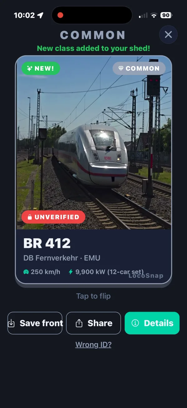 LocoSnap identifying a DB ICE 4 (BR 412)
