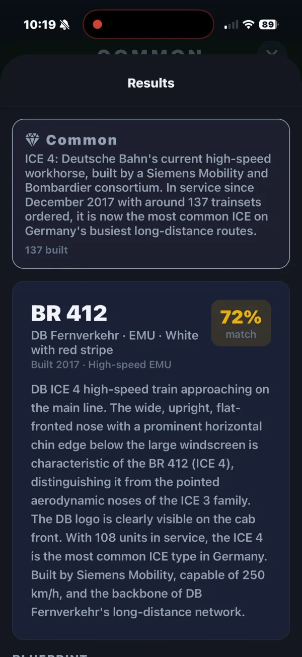LocoSnap identification results for a DB ICE 4